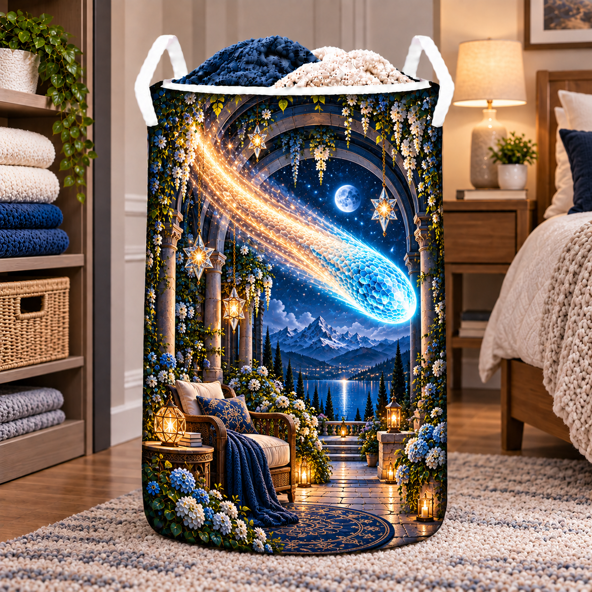 Comet Trail Quiet Haven Laundry Hamper with printed optical 3D artwork in its use setting