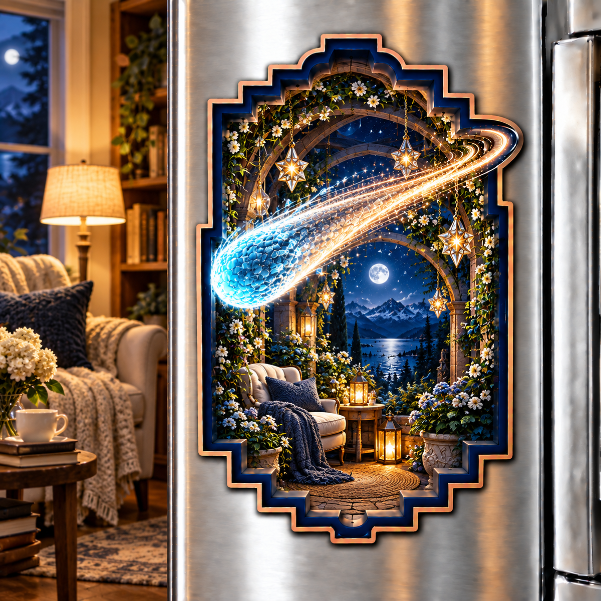 Comet Trail Quiet Haven Acrylic Refrigerator Magnet with printed optical 3D artwork in its use setting