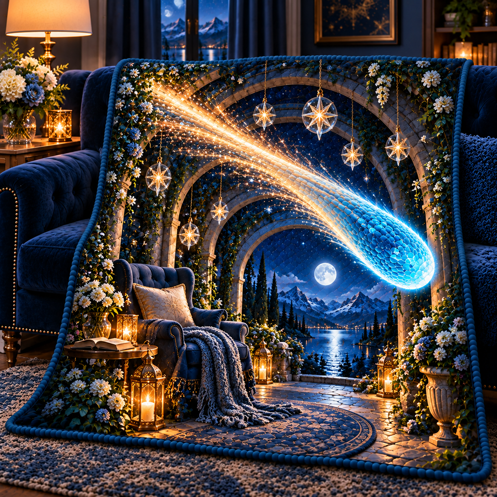 Comet Trail Quiet Haven Quilt Blanket with printed optical 3D artwork in its use setting