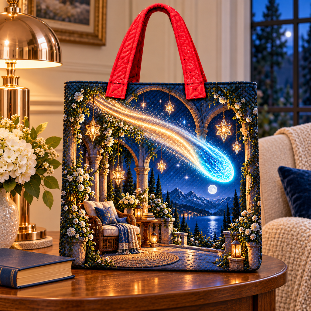 Comet Trail Quiet Haven Quilted Tote Bag with printed optical 3D artwork in its use setting