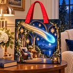 Comet Trail Quiet Haven Quilted Tote Bag with printed optical 3D artwork in its use setting