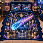 Comet Celebration Quilted Bedding Set with printed optical 3D artwork in its use setting