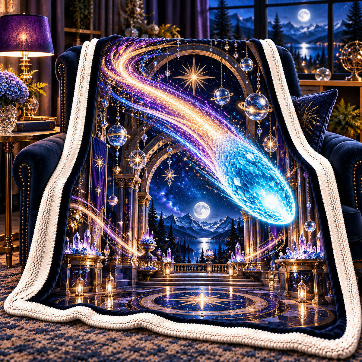 Comet Celebration Sherpa & Fleece Blanket with printed optical 3D artwork in its use setting