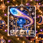 Comet Celebration Acrylic Cash Holder Ornament with printed optical 3D artwork in its use setting