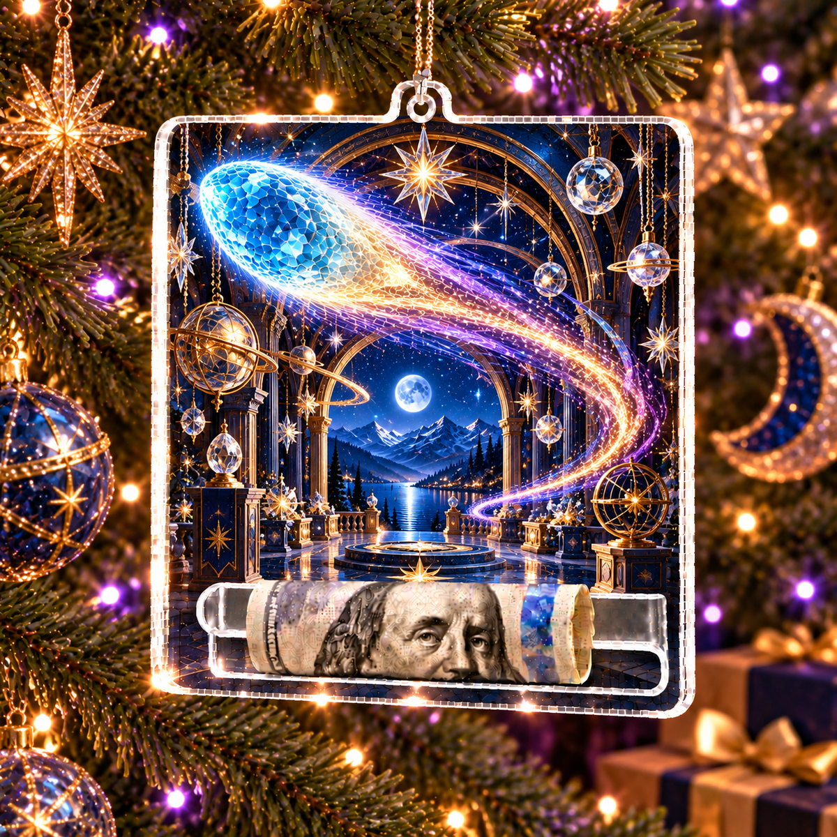 Comet Celebration Acrylic Cash Holder Ornament with printed optical 3D artwork in its use setting