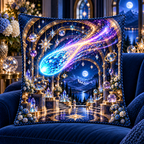 Comet Celebration Quilted Cushion Cover with printed optical 3D artwork in its use setting