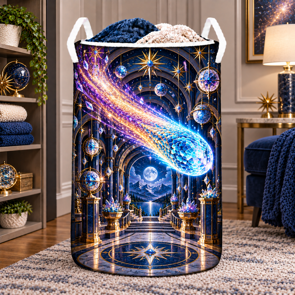 Comet Celebration Laundry Hamper with printed optical 3D artwork in its use setting
