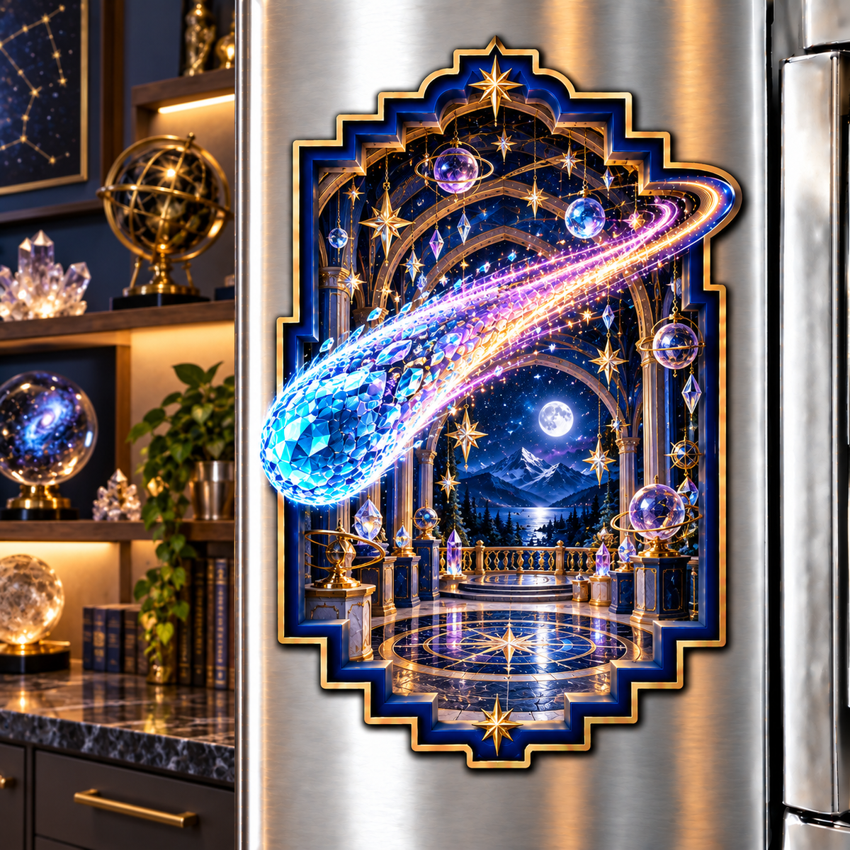 Comet Celebration Acrylic Refrigerator Magnet with printed optical 3D artwork in its use setting