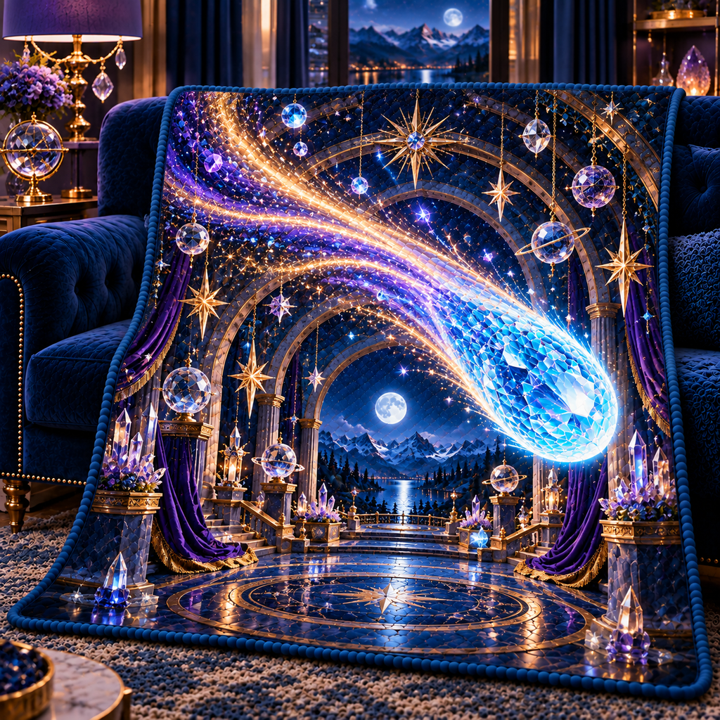 Comet Celebration Quilt Blanket with printed optical 3D artwork in its use setting