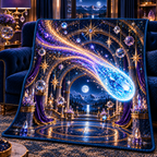Comet Celebration Quilt Blanket with printed optical 3D artwork in its use setting