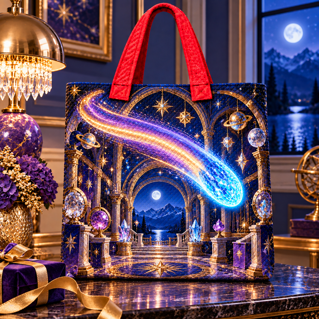Comet Celebration Quilted Tote Bag with printed optical 3D artwork in its use setting