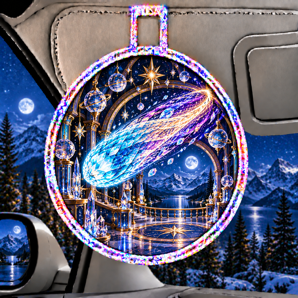 Comet Celebration Holographic Car Visor Clip with printed optical 3D artwork in its use setting