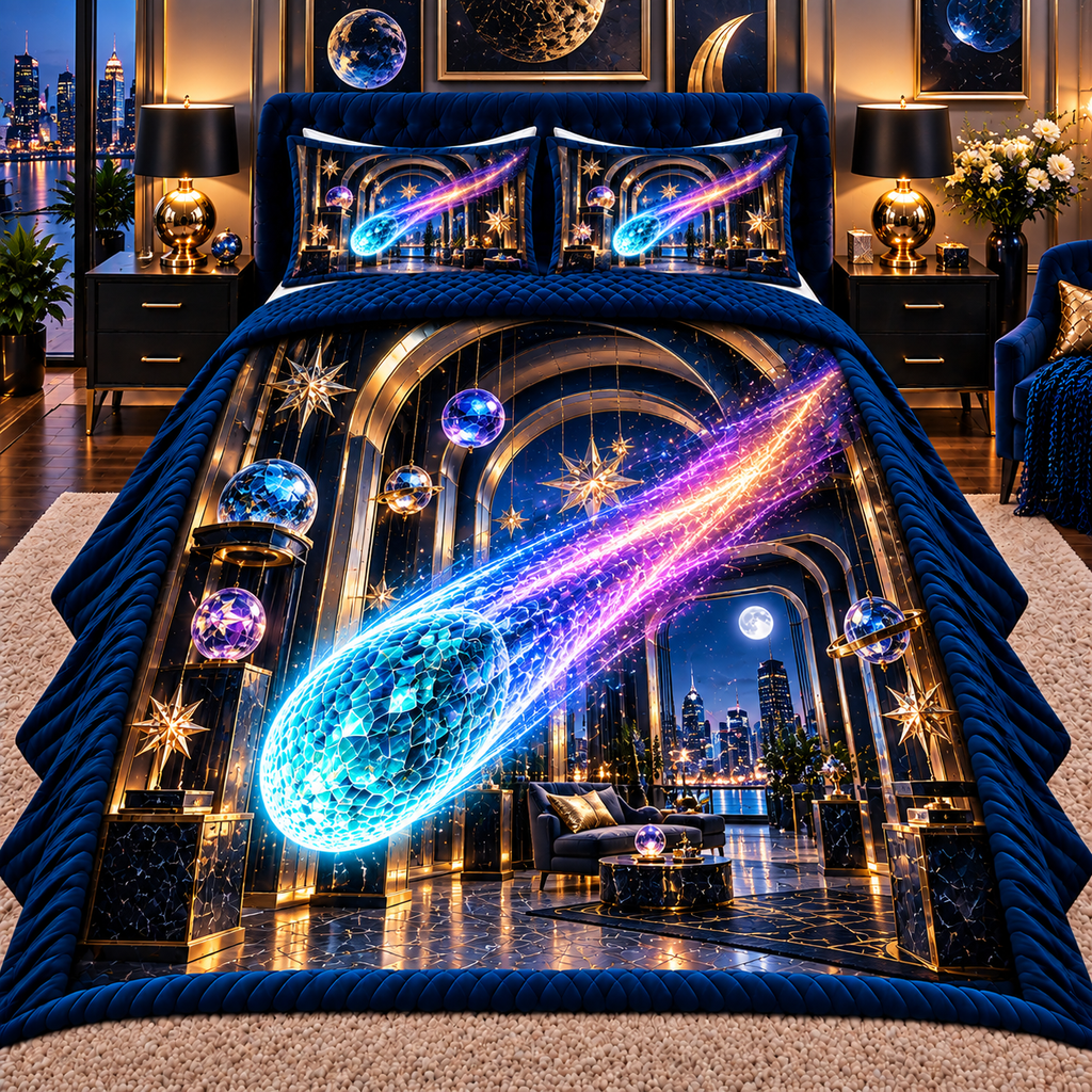 Comet Trail City Gallery Quilted Bedding Set with printed optical 3D artwork in its use setting