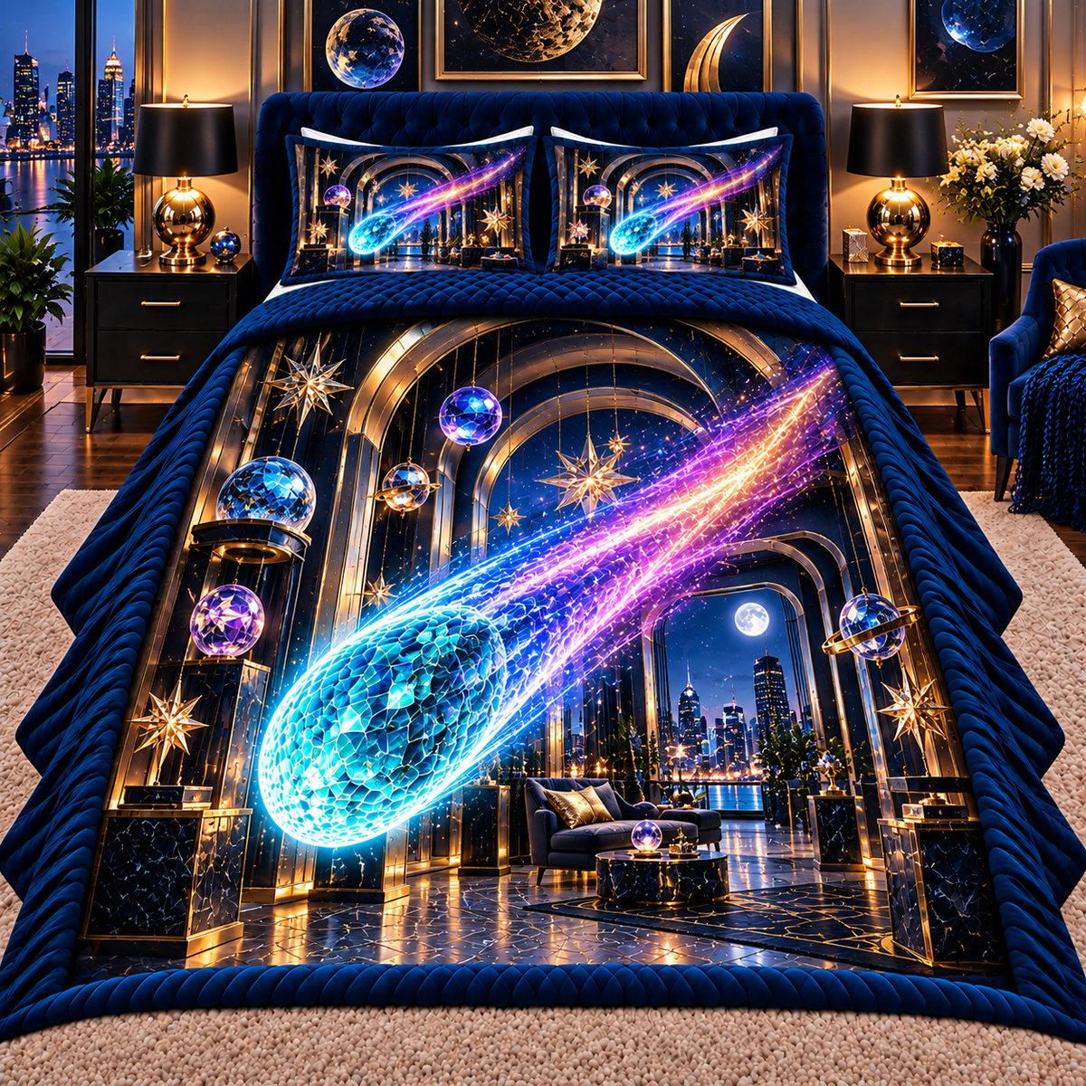 Comet Trail City Gallery Quilted Bedding Set with printed optical 3D artwork in its use setting
