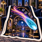 Comet Trail City Gallery Sherpa & Fleece Blanket with printed optical 3D artwork in its use setting
