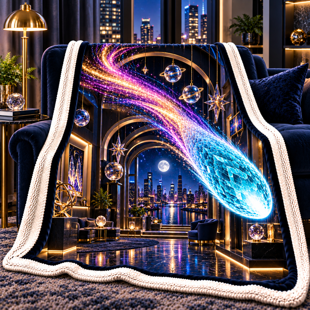 Comet Trail City Gallery Sherpa & Fleece Blanket with printed optical 3D artwork in its use setting