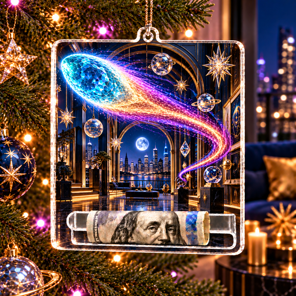 Comet Trail City Gallery Acrylic Cash Holder Ornament with printed optical 3D artwork in its use setting