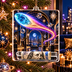 Comet Trail City Gallery Acrylic Cash Holder Ornament with printed optical 3D artwork in its use setting