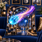 Comet Trail City Gallery Quilted Cushion Cover with printed optical 3D artwork in its use setting