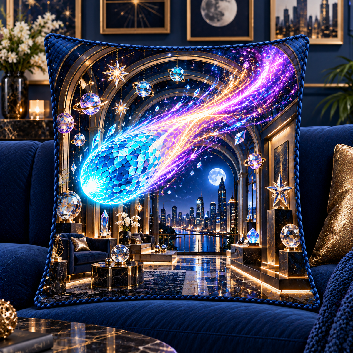 Comet Trail City Gallery Quilted Cushion Cover with printed optical 3D artwork in its use setting
