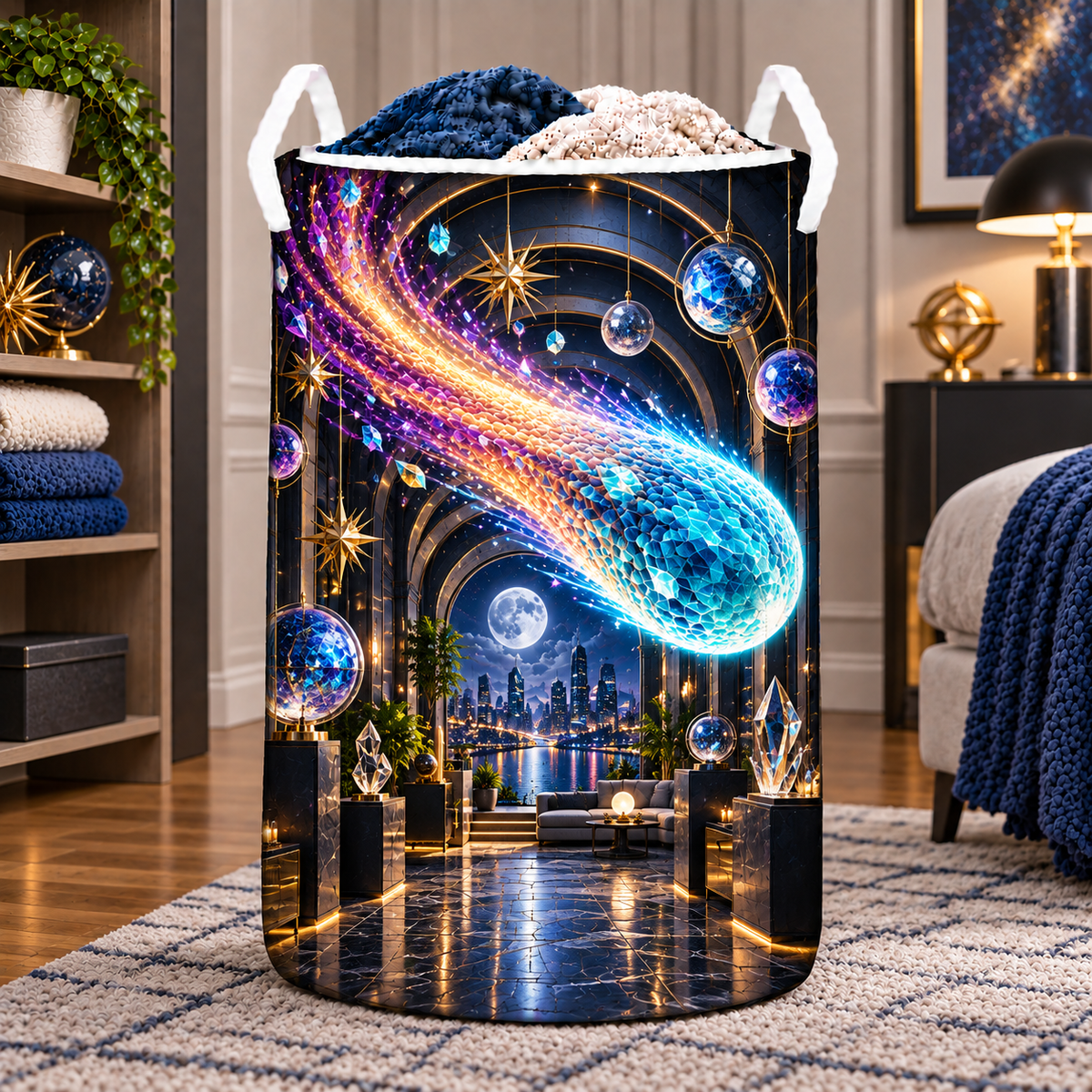 Comet Trail City Gallery Laundry Hamper with printed optical 3D artwork in its use setting