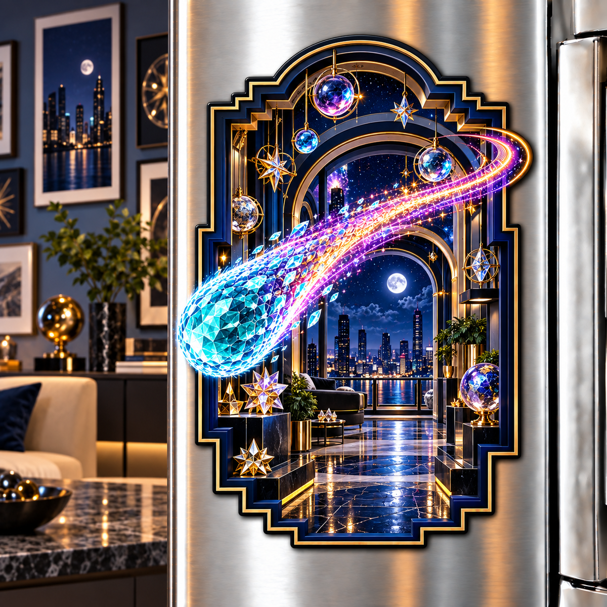 Comet Trail City Gallery Acrylic Refrigerator Magnet with printed optical 3D artwork in its use setting