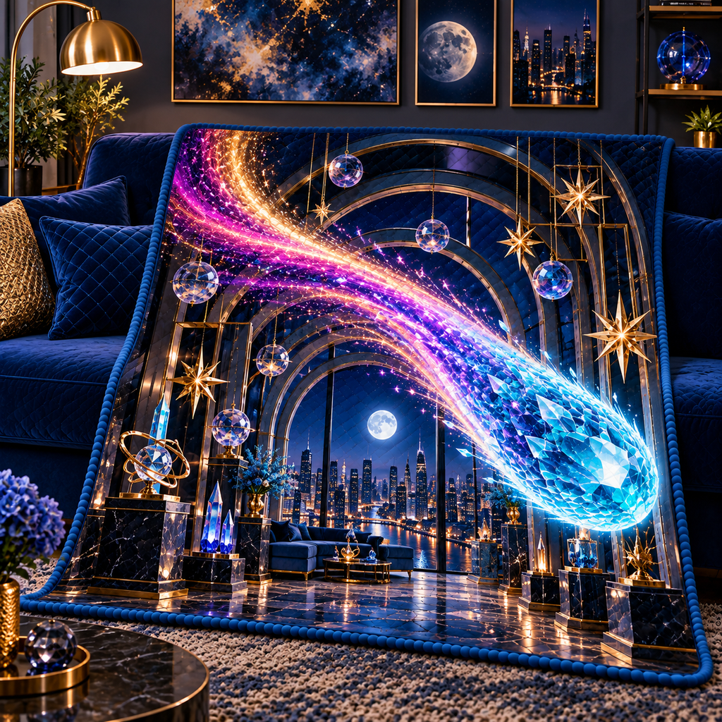 Comet Trail City Gallery Quilt Blanket with printed optical 3D artwork in its use setting