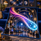 Comet Trail City Gallery Quilt Blanket with printed optical 3D artwork in its use setting