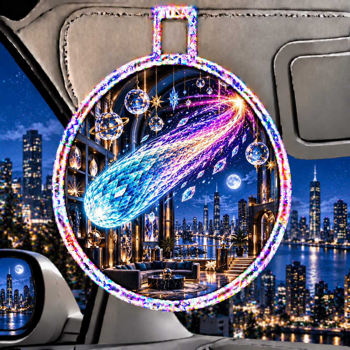 Comet Trail City Gallery Holographic Car Visor Clip with printed optical 3D artwork in its use setting