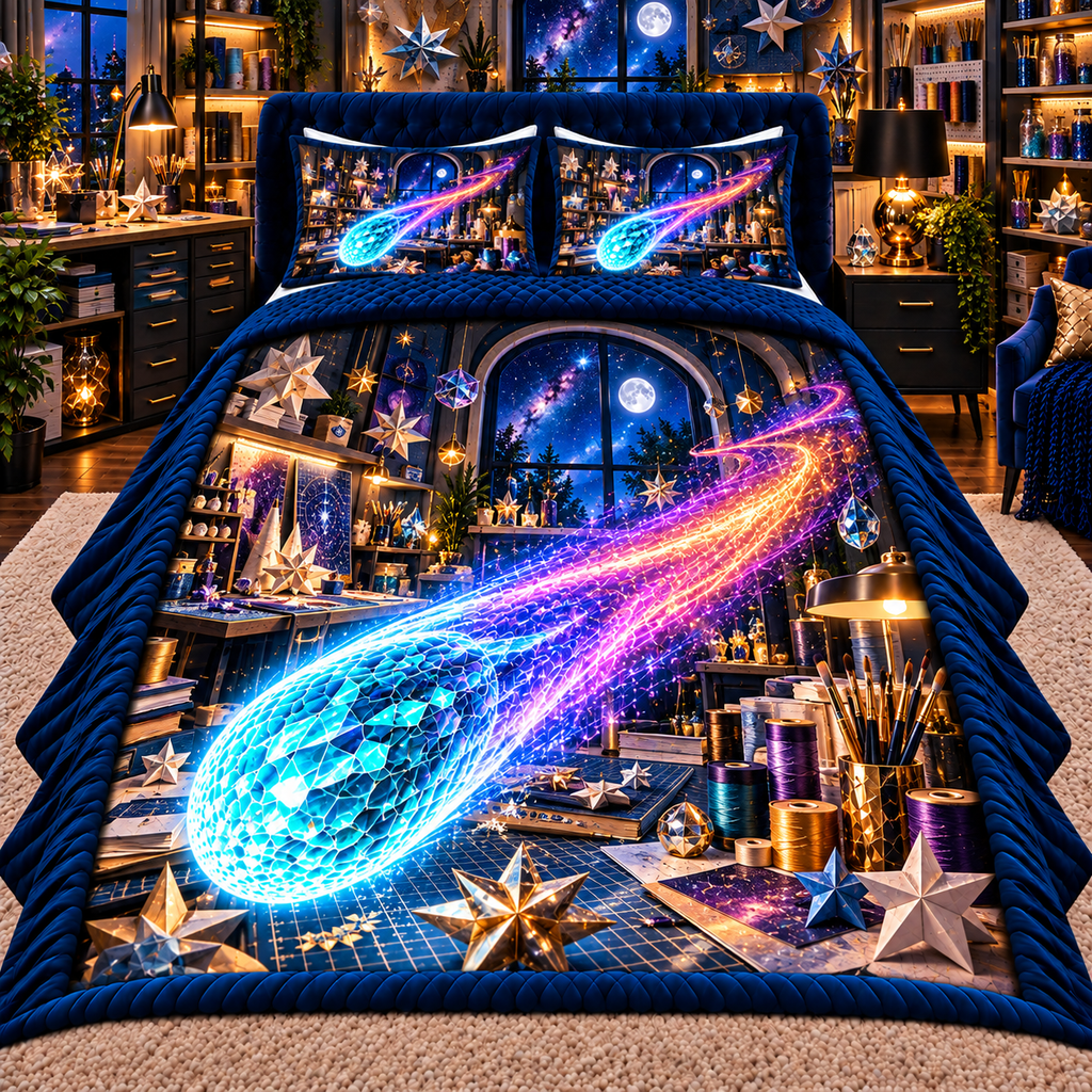 Comet Trail Maker Studio Quilted Bedding Set with printed optical 3D artwork in its use setting