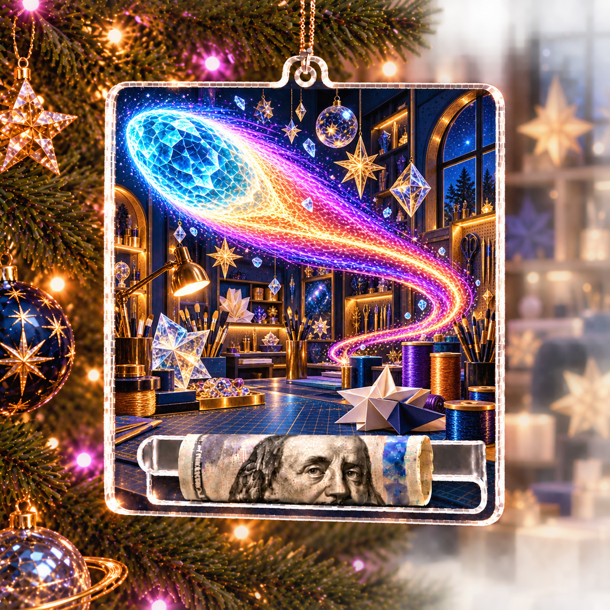 Comet Trail Maker Studio Acrylic Cash Holder Ornament with printed optical 3D artwork in its use setting