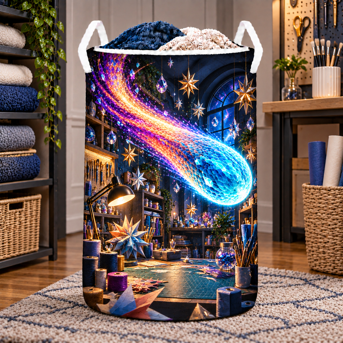 Comet Trail Maker Studio Laundry Hamper with printed optical 3D artwork in its use setting