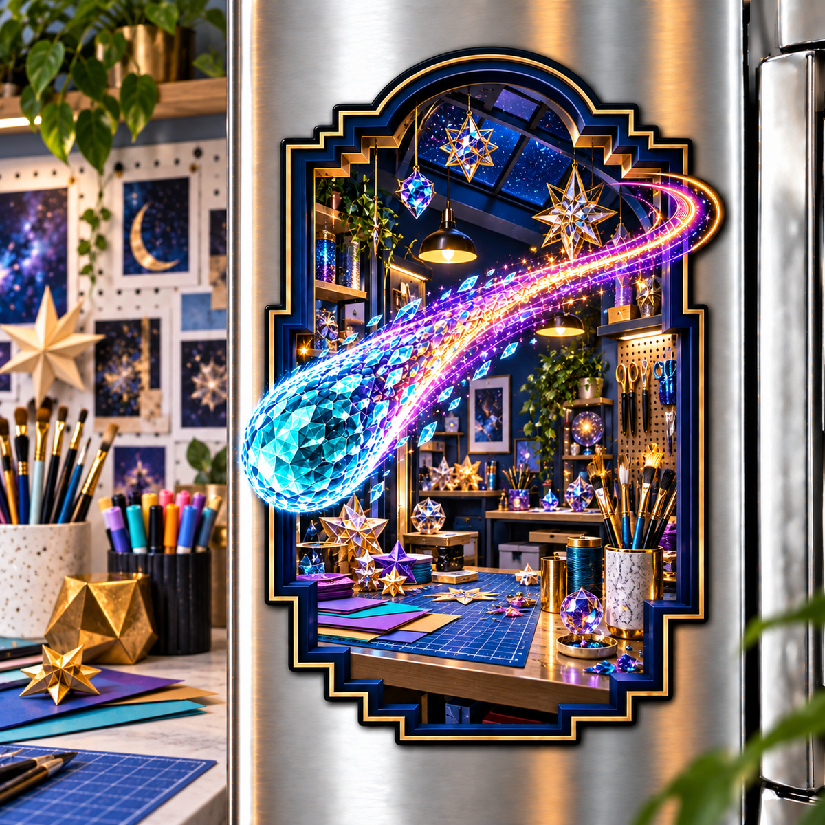 Comet Trail Maker Studio Acrylic Refrigerator Magnet with printed optical 3D artwork in its use setting
