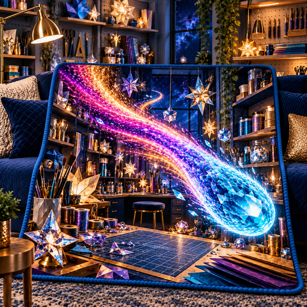 Comet Trail Maker Studio Quilt Blanket with printed optical 3D artwork in its use setting