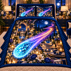 Comet Trail Starlit Welcome Quilted Bedding Set with printed optical 3D artwork in its use setting