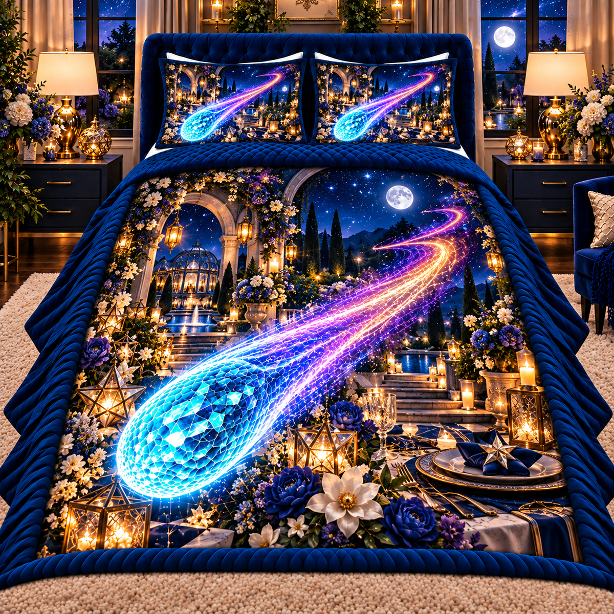 Comet Trail Starlit Welcome Quilted Bedding Set with printed optical 3D artwork in its use setting