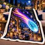 Comet Trail Starlit Welcome Sherpa & Fleece Blanket with printed optical 3D artwork in its use setting