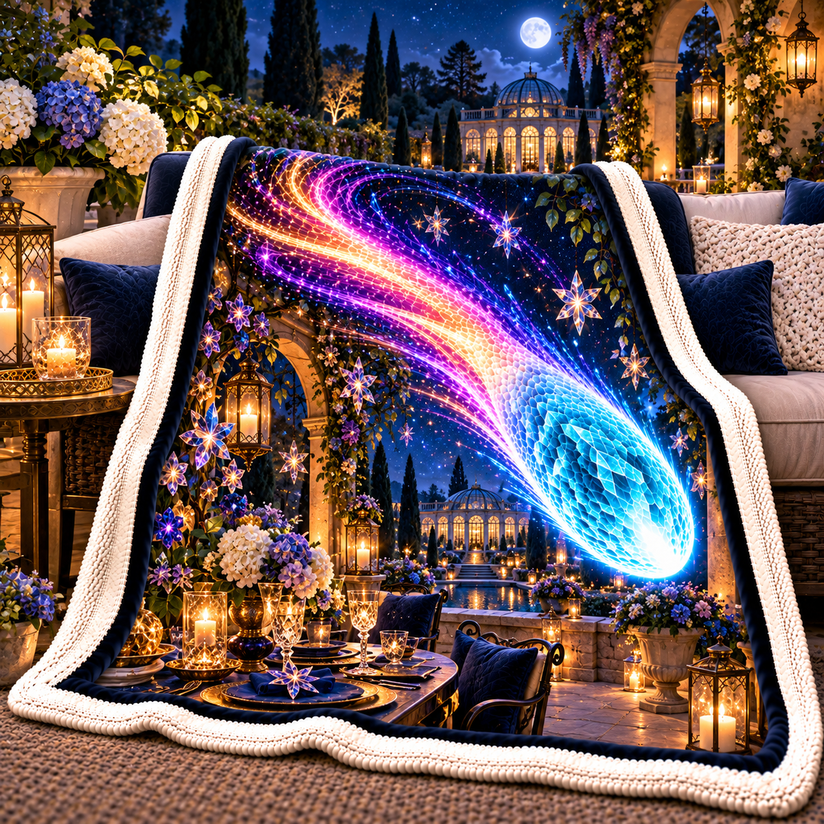 Comet Trail Starlit Welcome Sherpa & Fleece Blanket with printed optical 3D artwork in its use setting