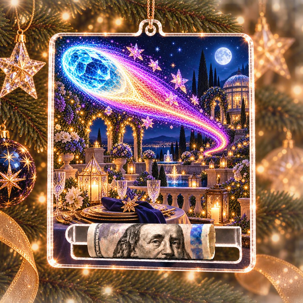 Comet Trail Starlit Welcome Acrylic Cash Holder Ornament with printed optical 3D artwork in its use setting