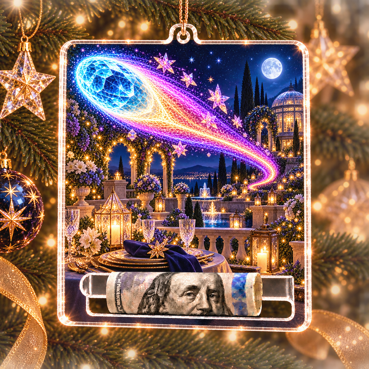 Comet Trail Starlit Welcome Acrylic Cash Holder Ornament with printed optical 3D artwork in its use setting