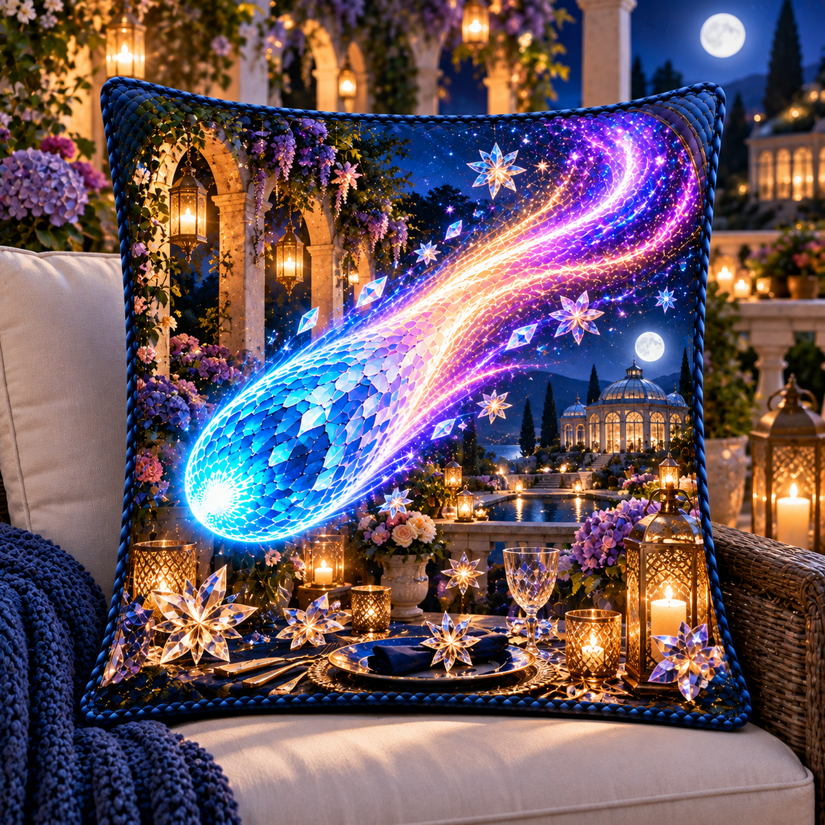 Comet Trail Starlit Welcome Quilted Cushion Cover with printed optical 3D artwork in its use setting