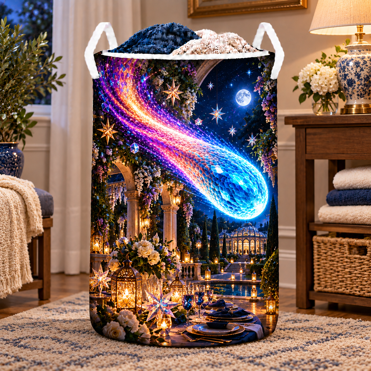 Comet Trail Starlit Welcome Laundry Hamper with printed optical 3D artwork in its use setting