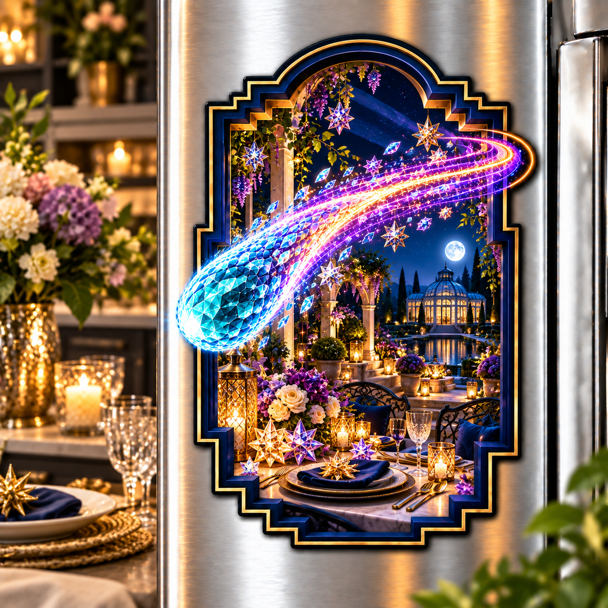 Comet Trail Starlit Welcome Acrylic Refrigerator Magnet with printed optical 3D artwork in its use setting