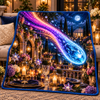 Comet Trail Starlit Welcome Quilt Blanket with printed optical 3D artwork in its use setting