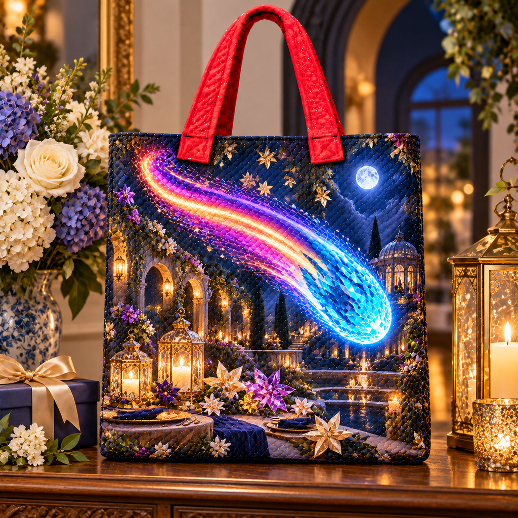 Comet Trail Starlit Welcome Quilted Tote Bag with printed optical 3D artwork in its use setting