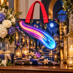 Comet Trail Starlit Welcome Quilted Tote Bag with printed optical 3D artwork in its use setting