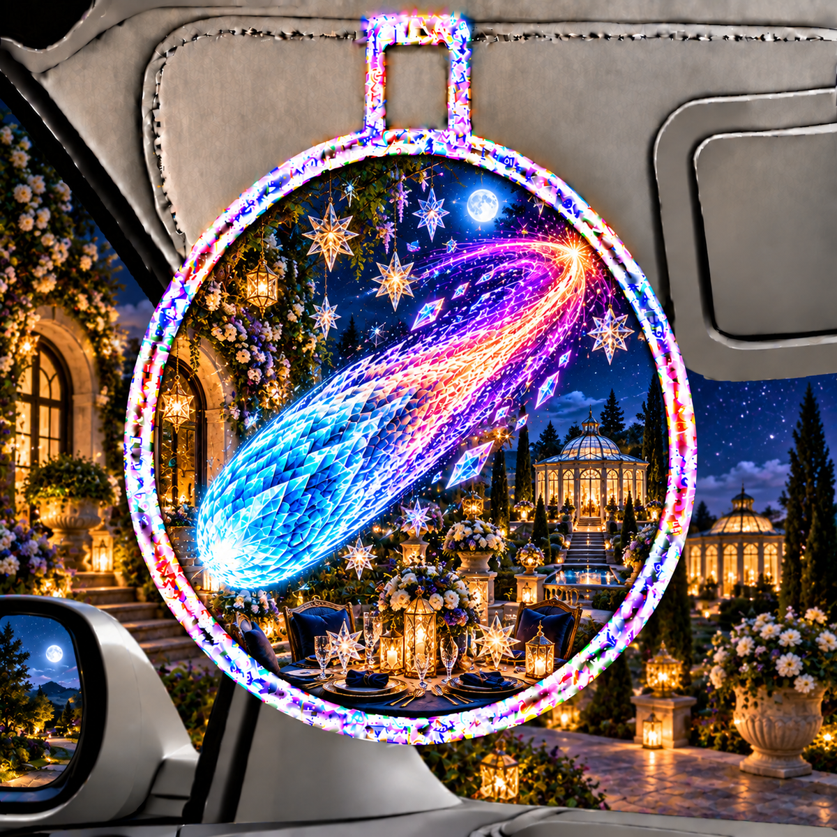 Comet Trail Starlit Welcome Holographic Car Visor Clip with printed optical 3D artwork in its use setting