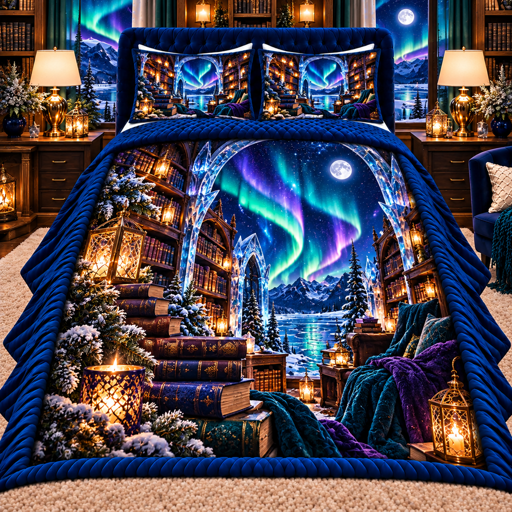 Aurora Library Haven Quilted Bedding Set with printed optical 3D artwork in its use setting