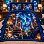 Aurora Library Haven Quilted Bedding Set with printed optical 3D artwork in its use setting