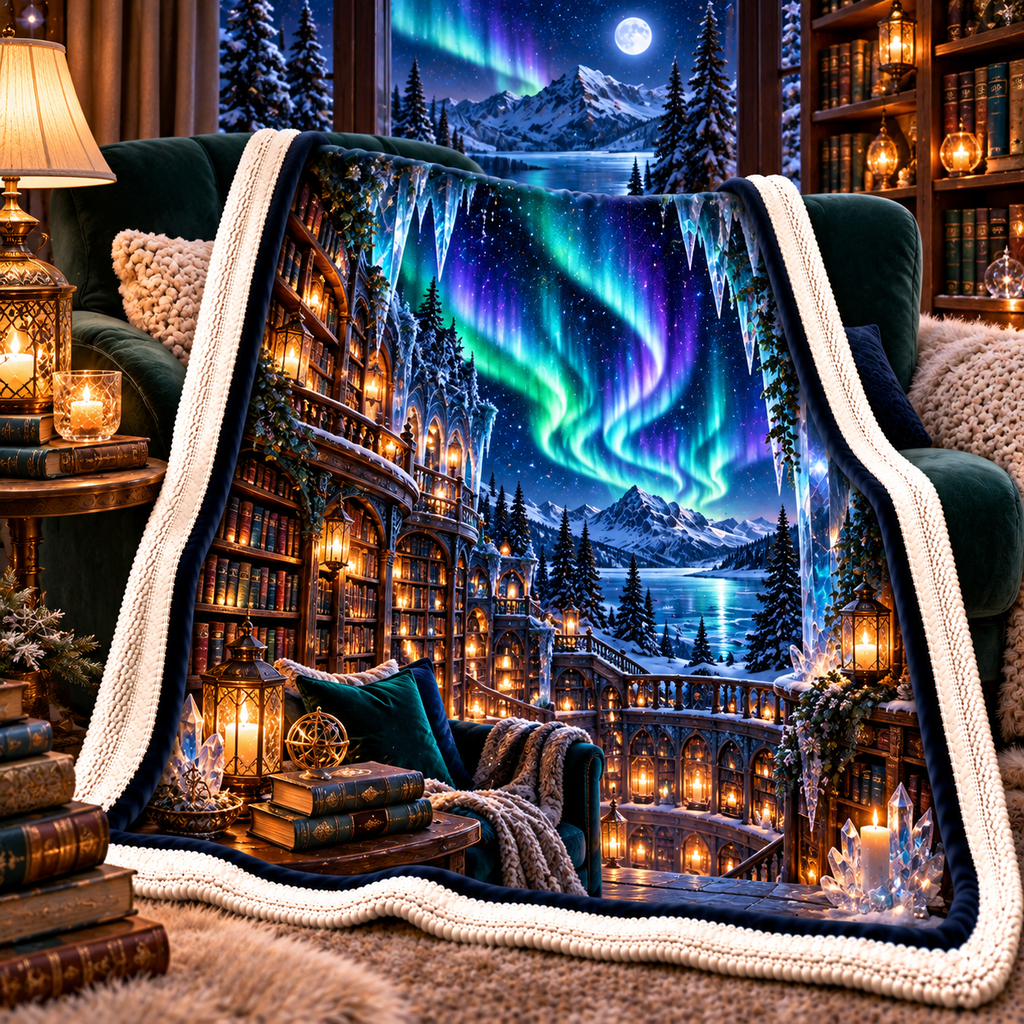 Aurora Library Haven Sherpa & Fleece Blanket with printed optical 3D artwork in its use setting